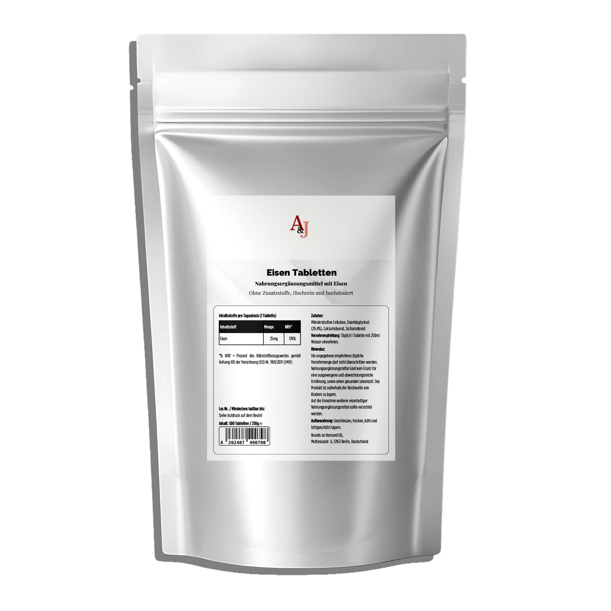 A&J Nutrition Eisenbisglycinat 25 mg – 500 Tabletten – Produktansicht