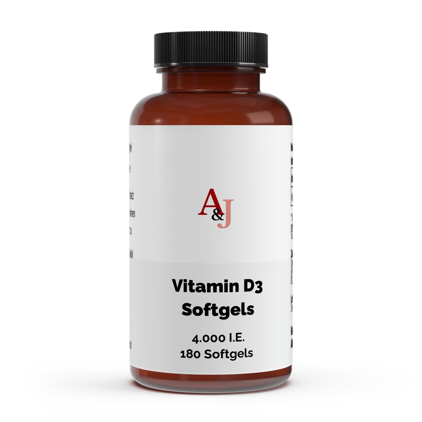 Vitamin D3 4.000 IE - 180 Softgels in brauner Flasche mit schwarzem Deckel, Nahrungsergänzungsmittel Softgels.