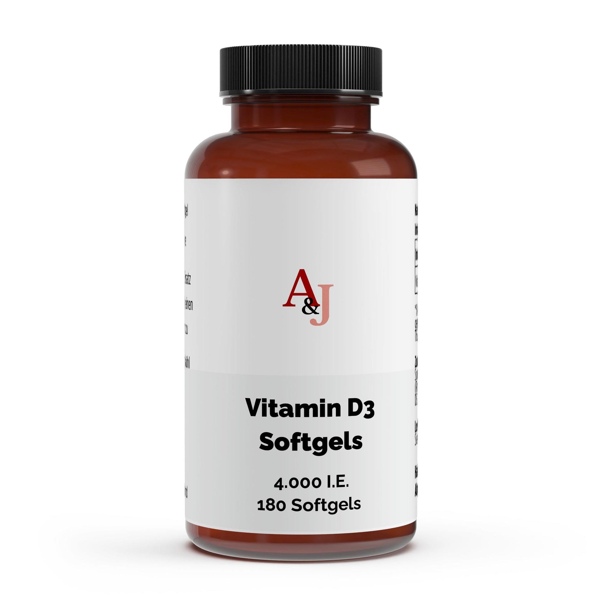 Vitamin D3 4.000 IE - 180 Softgels in brauner Flasche mit schwarzem Deckel, Nahrungsergänzungsmittel Softgels.