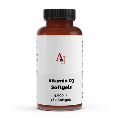 Vitamin D3 4.000 IE - 180 Softgels in brauner Flasche mit schwarzem Deckel, Nahrungsergänzungsmittel Softgels.