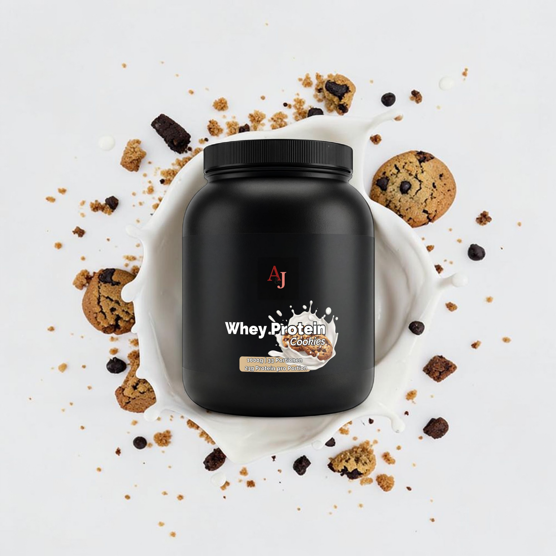 A&J Nutrition Whey Protein Cookies 1 kg – Dose mit Cookies und Milch
