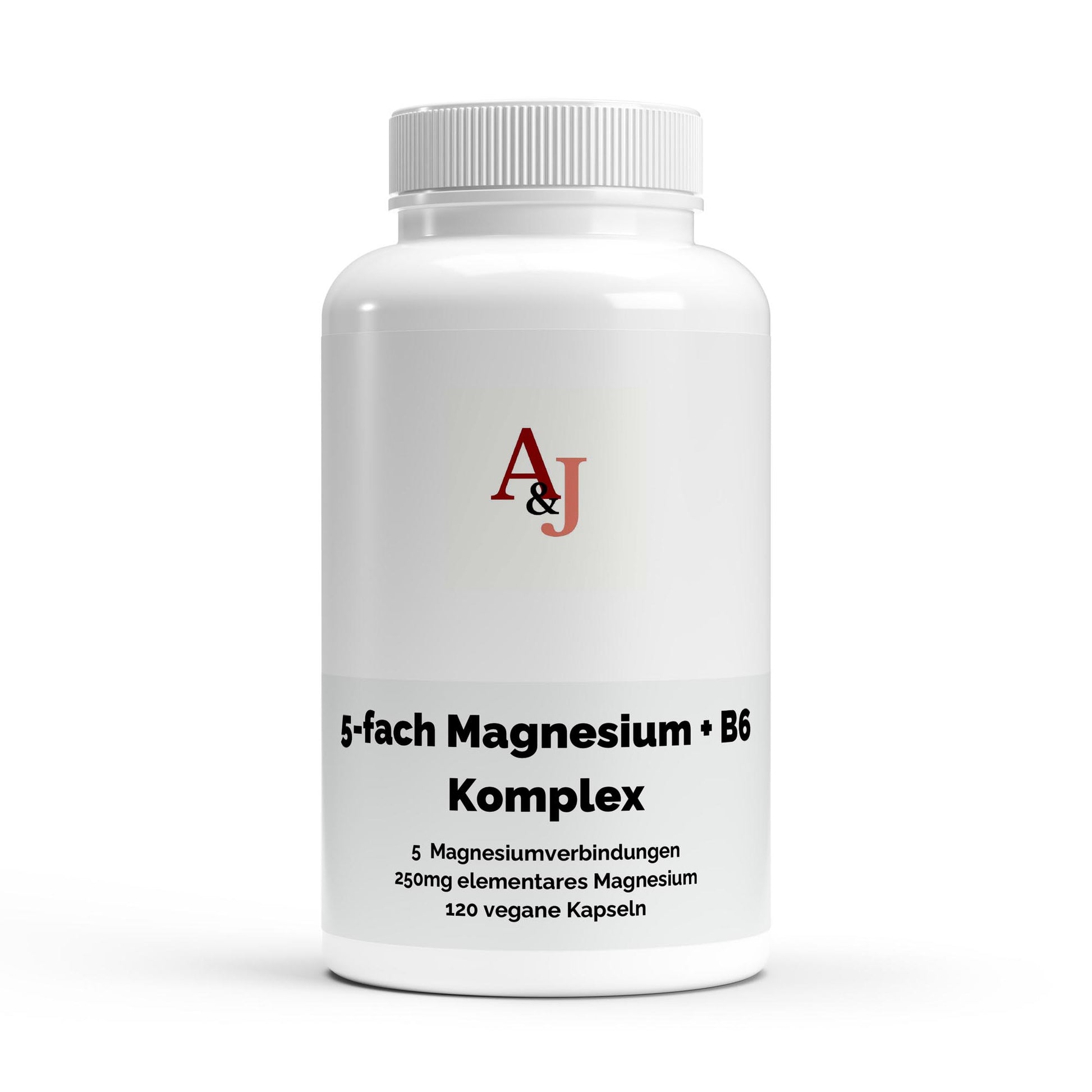 A&J Nutrition Magnesium 5-fach Komplex + Vitamin B6 – 120 vegane Kapseln – Produktansicht