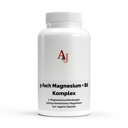 A&J Nutrition Magnesium 5-fach Komplex + Vitamin B6 – 120 vegane Kapseln – Produktansicht