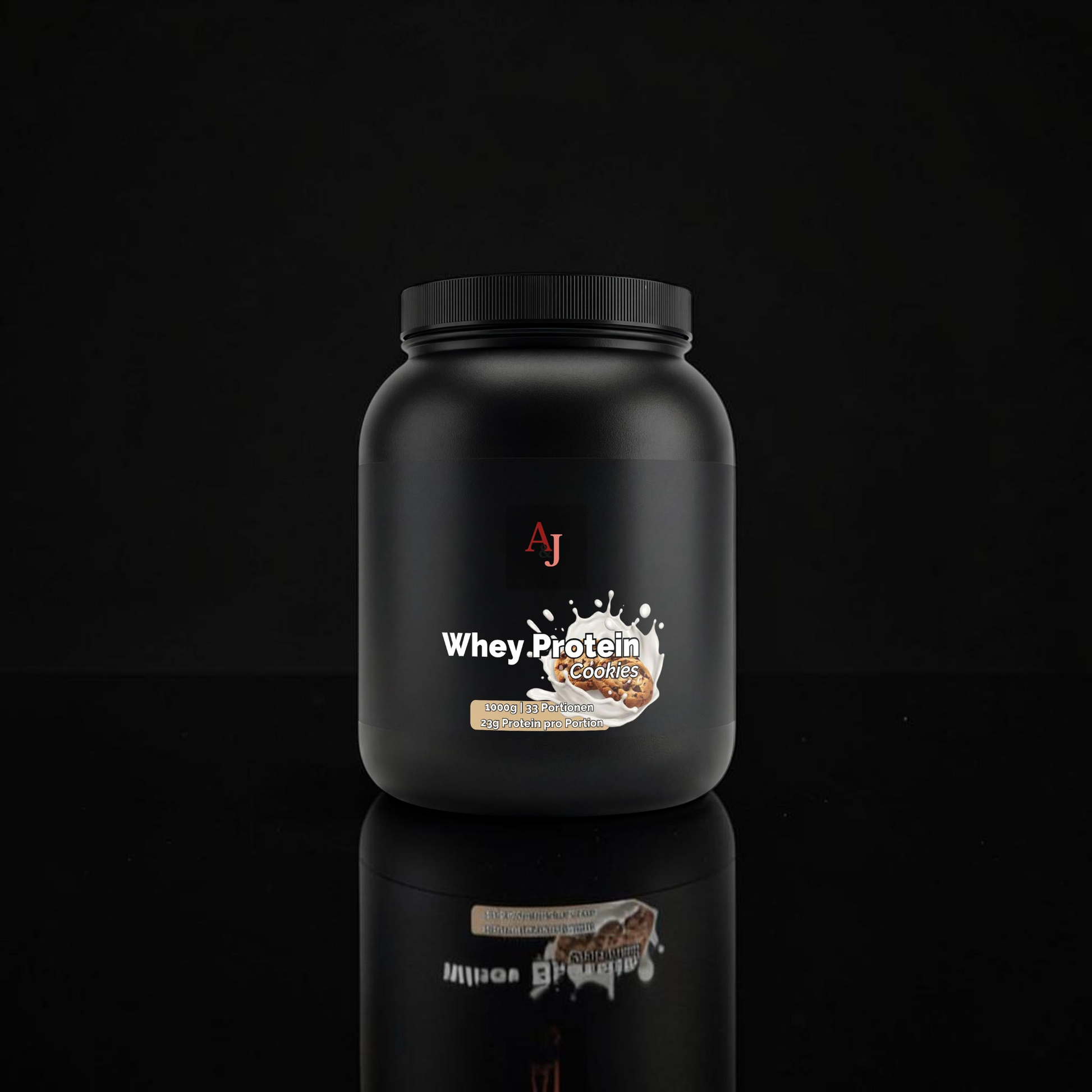 A&J Nutrition Whey Protein Cookies 1 kg – schwarze Dose auf dunklem Hintergrund