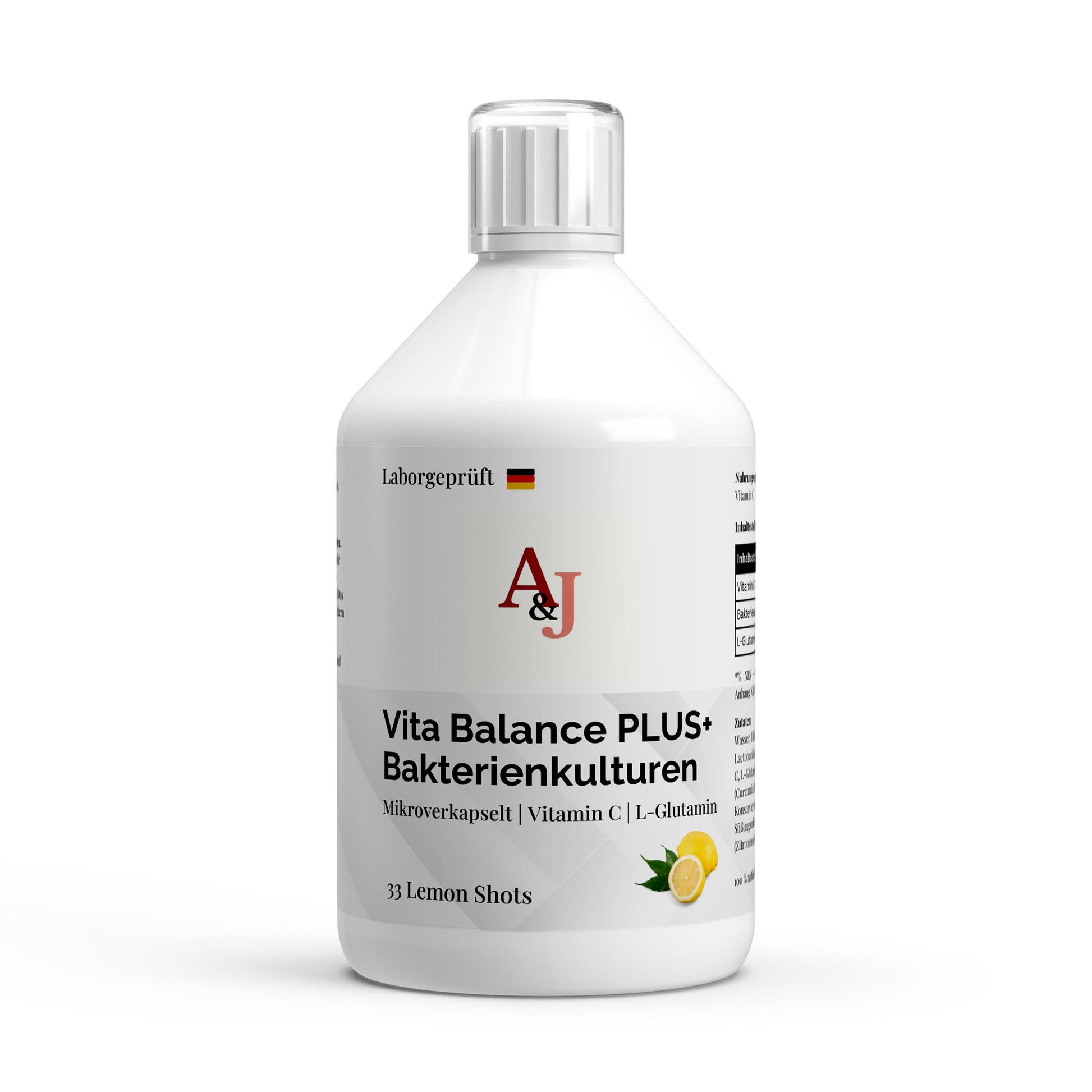 A&J Nutrition Vita Balance PLUS+ Bakterienkulturen – Lemon – 33 vegane Shots – 500 ml – Produktbild 1