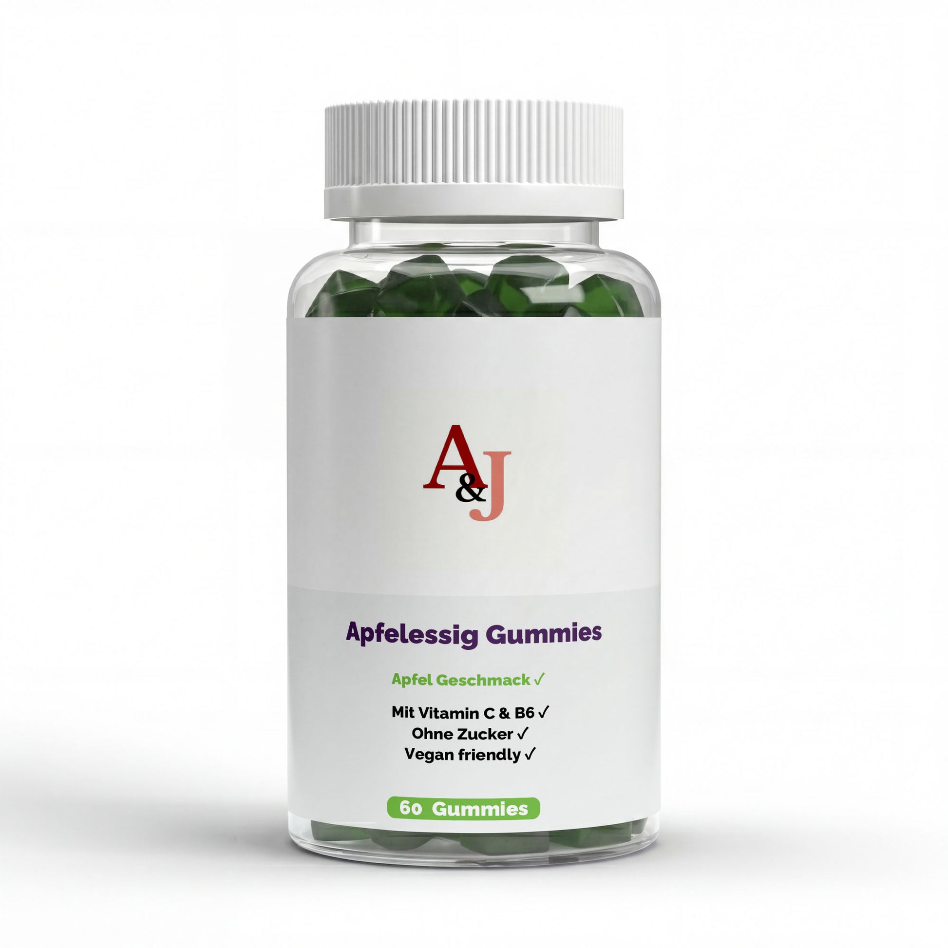 A&J Nutrition Apfelessig + Vitamin C, B6 & Chrom Gummies – Apfel – 60 Stück – Produktbild 1