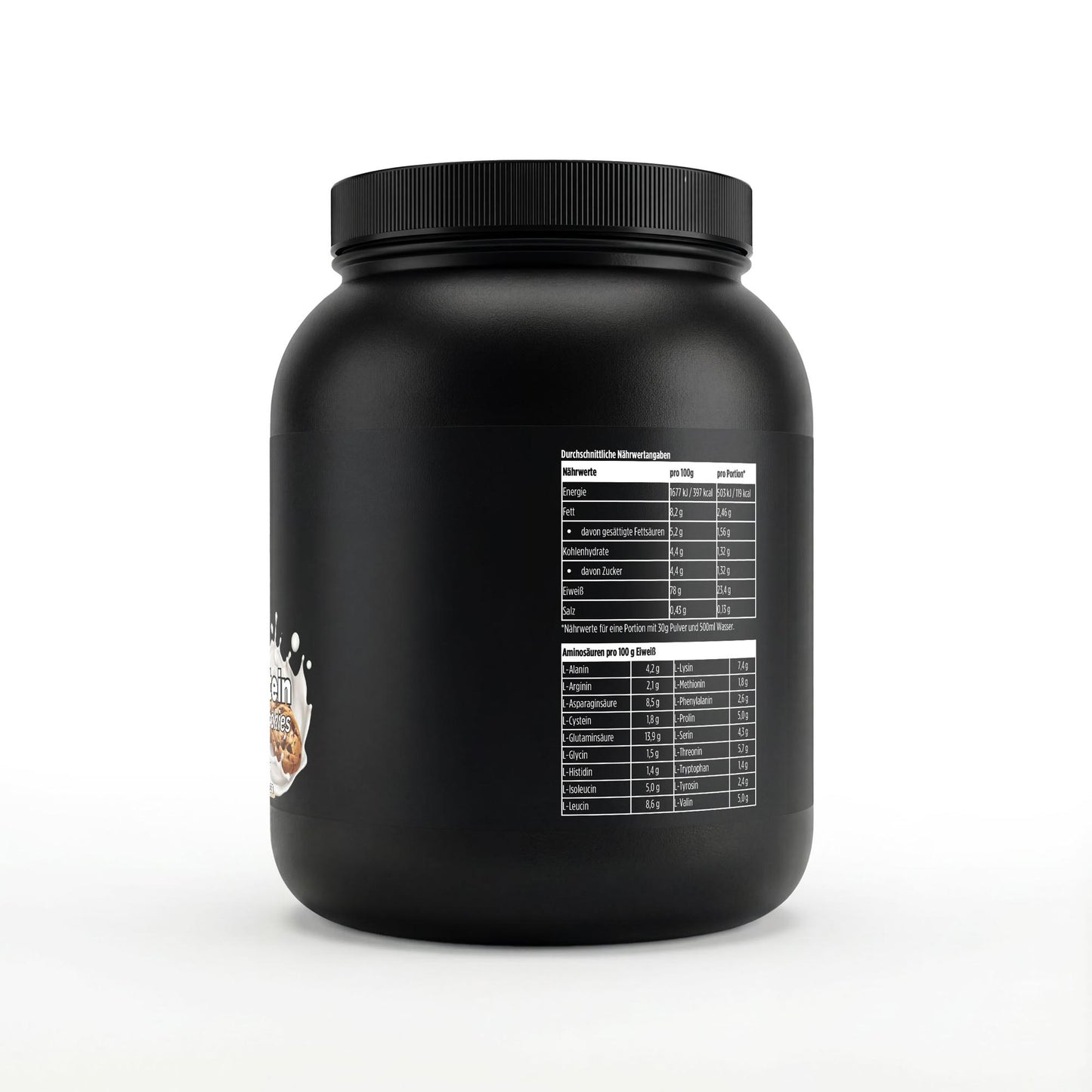 A&J Nutrition Whey Protein Cookies 1 kg – Seitenansicht mit Nährwerttabelle